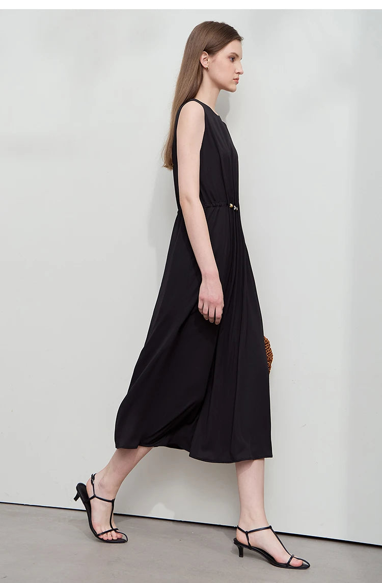 Minimalism Dresses 2025 Summer Vocation Women Loose Long Dresse Sleeveless High Waist Design Bead Drawstring Dress 12542177