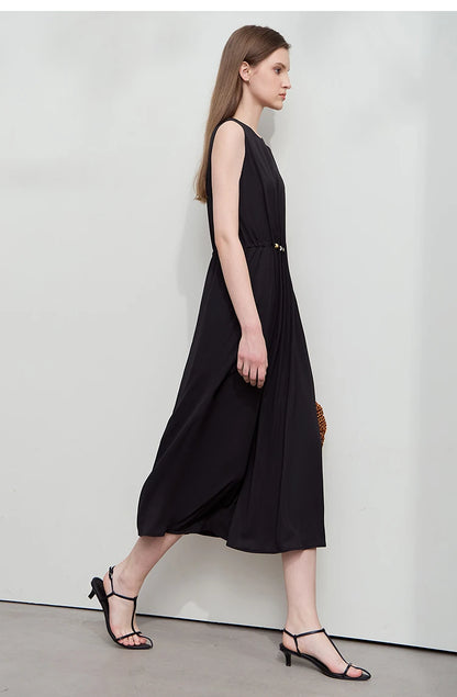 Minimalism Dresses 2025 Summer Vocation Women Loose Long Dresse Sleeveless High Waist Design Bead Drawstring Dress 12542177