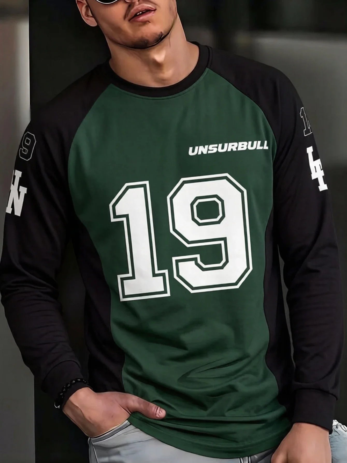 Loose men's dark green and black casual breathable quick-drying digital printed jersey long-sleeved T-shirt for daily use