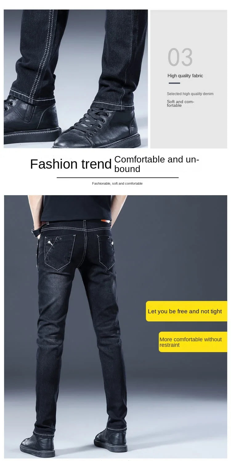 Stylish Black Luxury Men's Korean Streetwear Punk Fashion Comfortable Stretch Jeans Slim Fit Straight Leg Casual Denim Pants