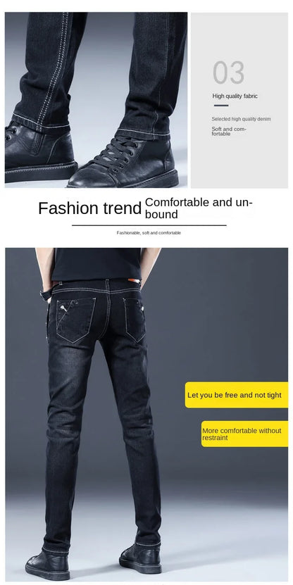 Stylish Black Luxury Men's Korean Streetwear Punk Fashion Comfortable Stretch Jeans Slim Fit Straight Leg Casual Denim Pants