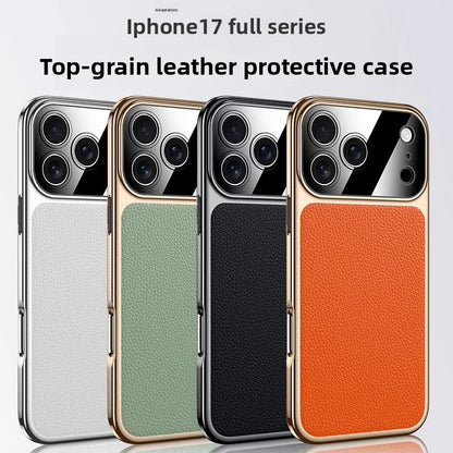 Original Leather Case For iPhone 17 PRO MAX Plating Genuine cowhide Lichee Pattern Lens Protection Shockproof Hard Phone Cover