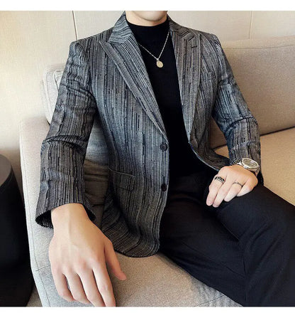 Fashion Meteor Line Checkered Elegant Suit Jacket Men Fashion De Luxe Business Slim Fit Single Breasted Social Party Dress Coats