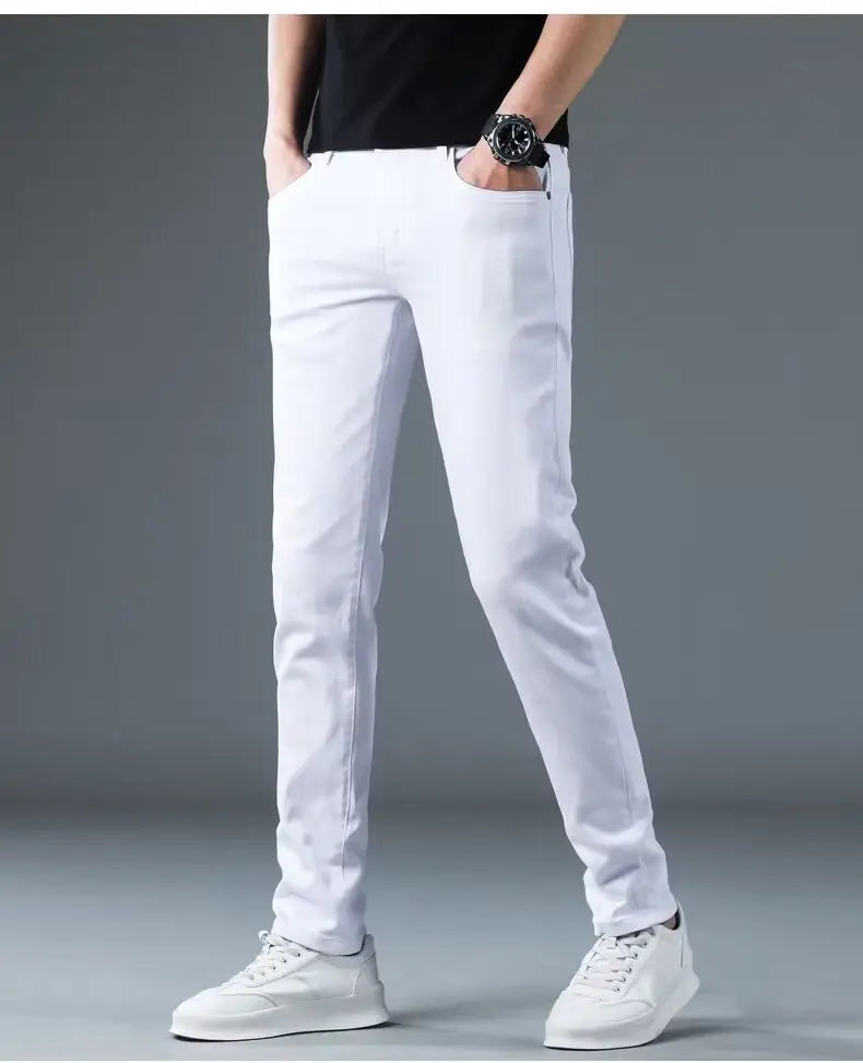 Korean Man Designer Clothes 2025 White Jeans Men Spring Autumn Printed Students Slim Stretch Pencil Pants Workwear Long Trousers