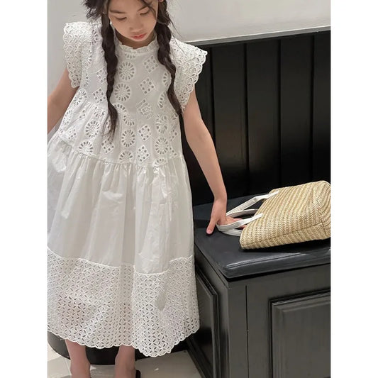Cotton Medium To Large Children's Clothing Lace White Dress Girls' Princess Little Fresh Vest Dress 2025 Summer New Style