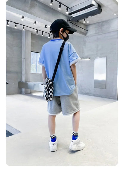 Summer Boys Cotton Alphabet Embossing t-Shirt Tops+Drawstring Short Pants Set School Kids Tracksuit Child Outfit Suit 5-16 Years