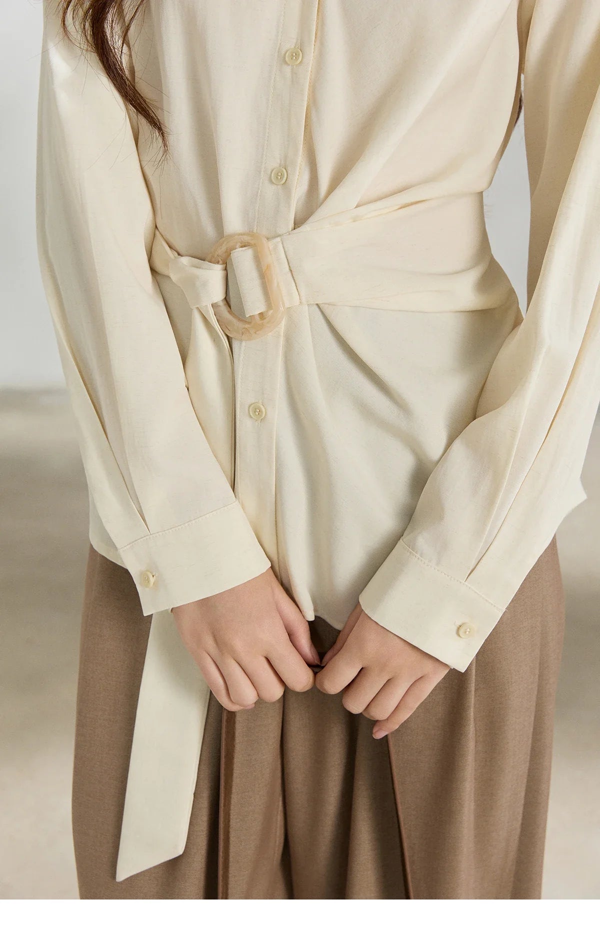 Women's Lapel Collar Long Sleeve Shirt 2026 Spring with Belted Waist Casual Loose Soft Beige Shirt Office Lady MXF13C2452