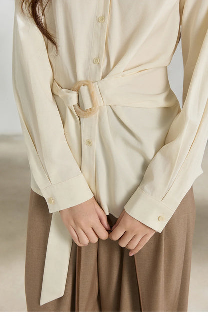 Women's Lapel Collar Long Sleeve Shirt 2026 Spring with Belted Waist Casual Loose Soft Beige Shirt Office Lady MXF13C2452