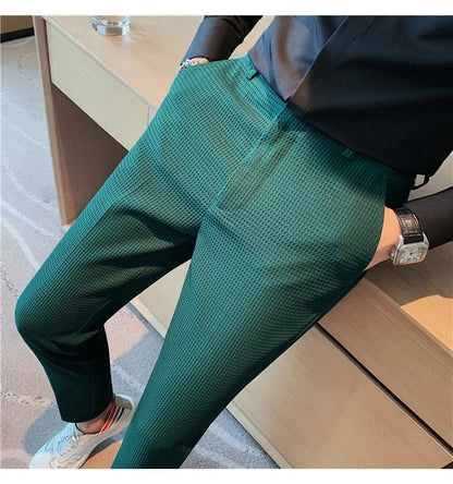 2024 Autumn New Waffle Stretch Waist Business Formal Pants Men Fashion Wedding Slim Trouser Mens Brand Social Party Suit Pants