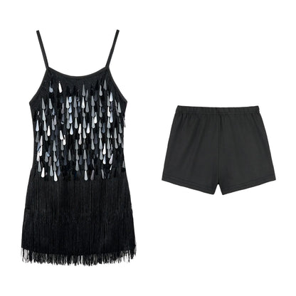 LOlanta 2Pcs Girls Sequin Latin Dance Dress Tassel Salsa Dancewear Sequin Fringe Dress Performance Outfits
