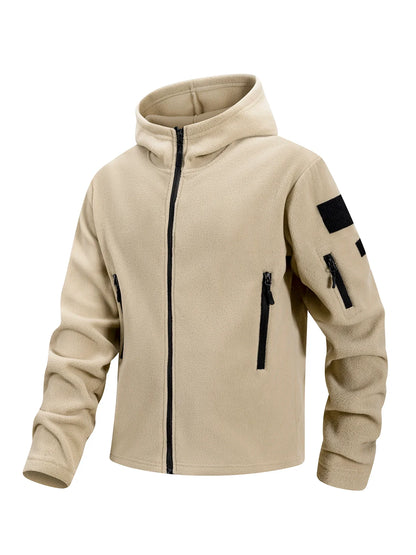 Men's Hiking Tactical Fleece Full Zip Hooded Jacket Multi-Zipper Pockets Design Autumn Winter Warm Outdoor Sports Coat for Men