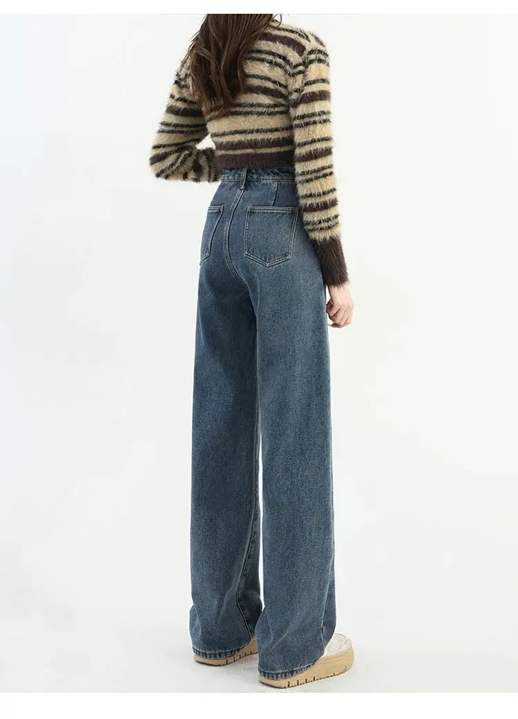 Winter Thick Warm Womens High Waist Jeans Fleece Lined Loose Fit Wide Leg Trousers Korean Style Stretchy Adjustable Waist  Jeans