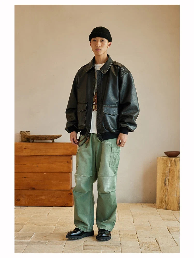 Spring Cool Handsome Oversized Vintage Distressed Black Pu Leather Jacket Men Pockets Luxury Designer Clothes 2024