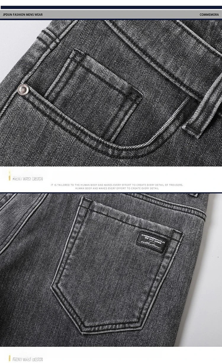 Men's Winter Stretch Fleece Jeans Thickened Warm Loose Straight Velvet Denim Trousers Classic Business Casual Black Work Pants