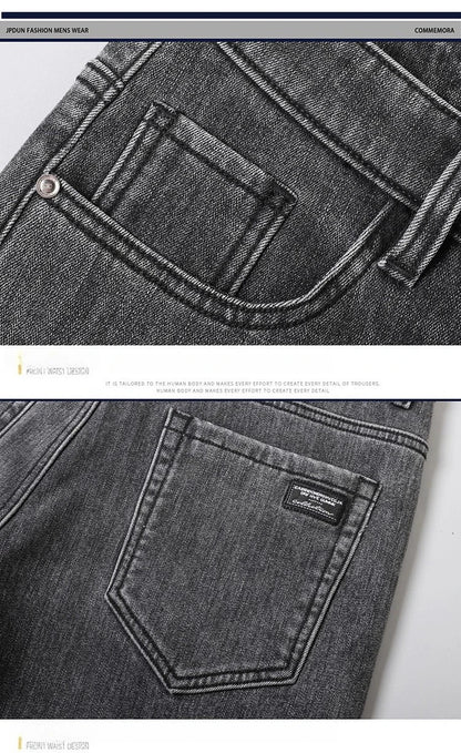 Men's Winter Stretch Fleece Jeans Thickened Warm Loose Straight Velvet Denim Trousers Classic Business Casual Black Work Pants