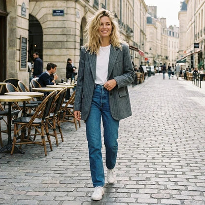 Women Fashion With Pockets Striped Single Breasted Blazer Vintage Notched Neck Long Sleeves Female Chic Lady Outfits