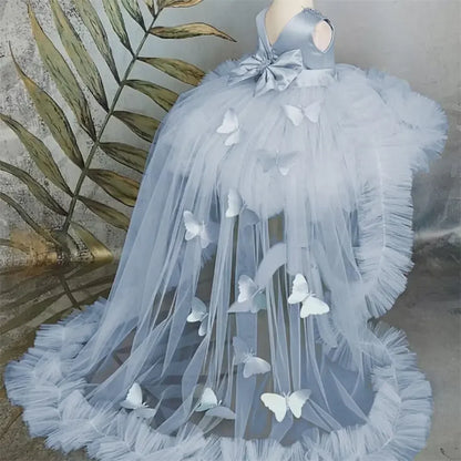 Customized Flower Girl Dresses Puffy Girl Dress Pink Baby Dress With Train Bow Cute Kid's Child Birthday Dresses Frist Communion