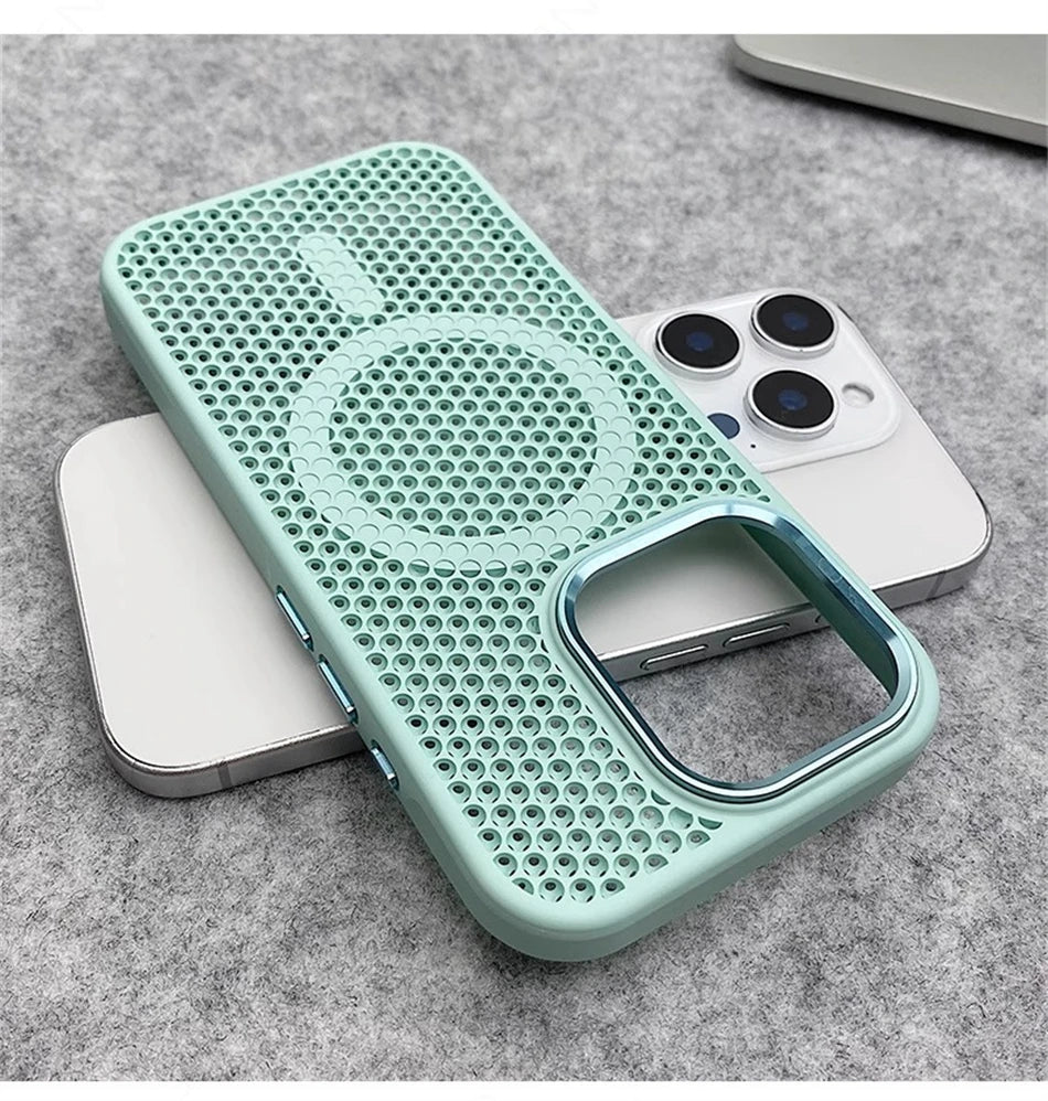 Heat Dissipation Mesh For Magsafe Magnetic Wireless Charge Case For iPhone 16 15 14 Plus 13 12 17 Pro Max Breathable Armor Cover
