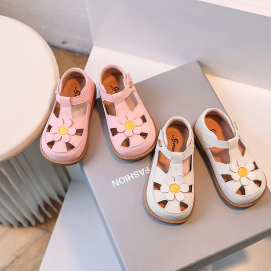 2025 New Summer Kids Sandals For Girls Leather Cuts-out Children Sandals Cute Flower Soft Sole Fashion Toddler Baby Shoes