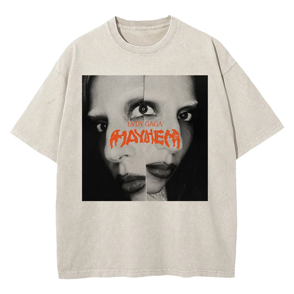Vintage Washed Lady Gaga The Mayhem Ball Tour 2025 T Shirt Fashion Men/Women Aesthetic High Quality Acid Wash 100% Cotton Tees