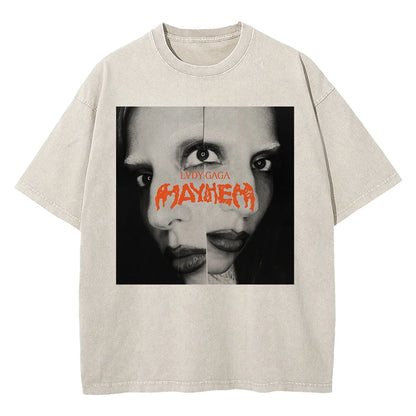 Vintage Washed Lady Gaga The Mayhem Ball Tour 2025 T Shirt Fashion Men/Women Aesthetic High Quality Acid Wash 100% Cotton Tees