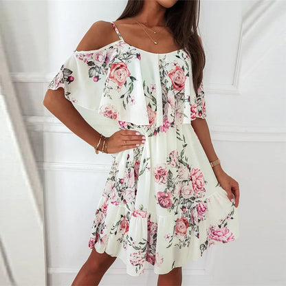 Women's Summer V-Neck Sleeveless Sling Camisole Commuting Printed Chiffon Bohemian Floral Dress For Women