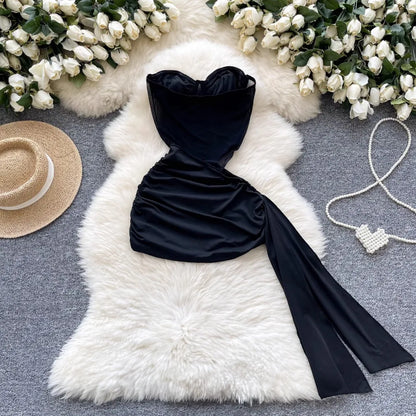 American Sexy Hollowed-out Waist Tube Top Dress for Women's Pleated Waist Hip-wrapped Streamer Girl's Short Dress