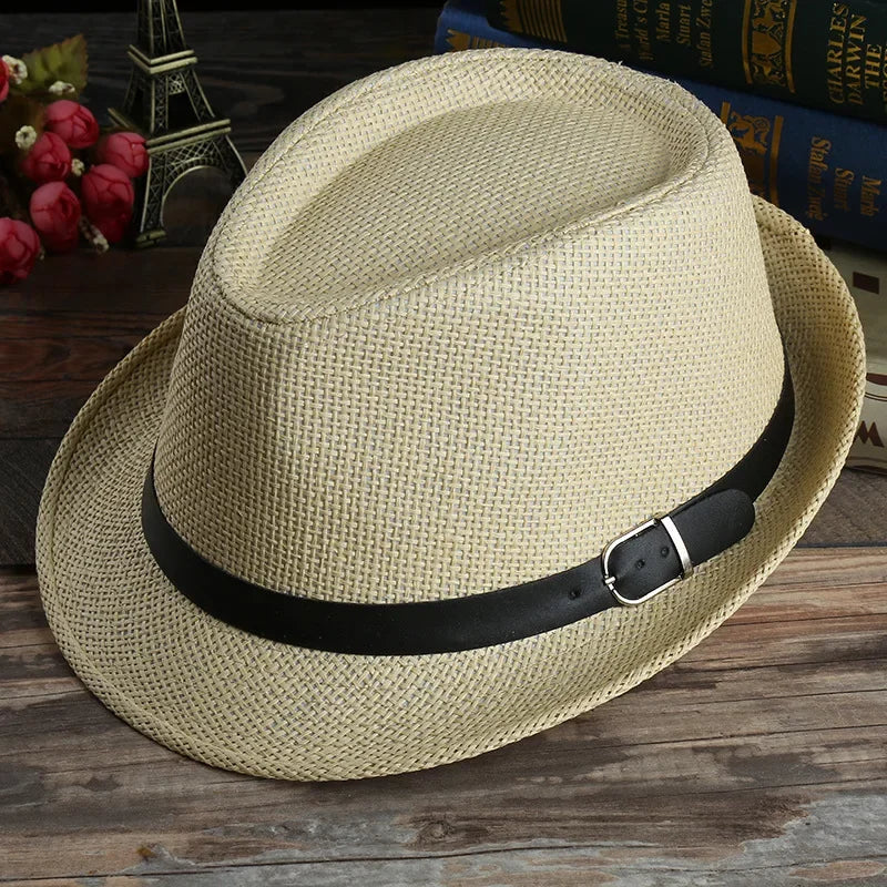 Fashion Straw Hat Men Women Summer Trendy Beach Sun Hats Solid Color Fedoras Ribbon Casual Cowboy Jazz Cap Gangster Cap Male