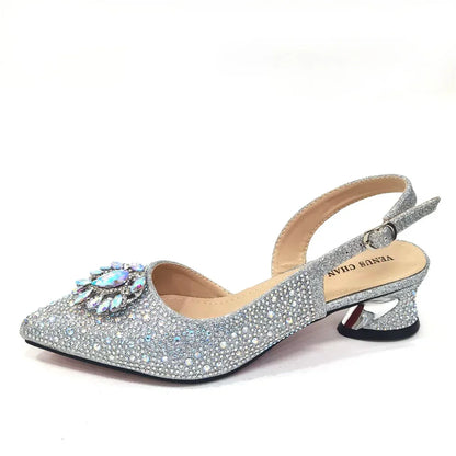 Royal Blue Sandals for Women 2024 Luxury Wedding Pumps Med Heels Rhinestone Design Party Shoes and Bags Set