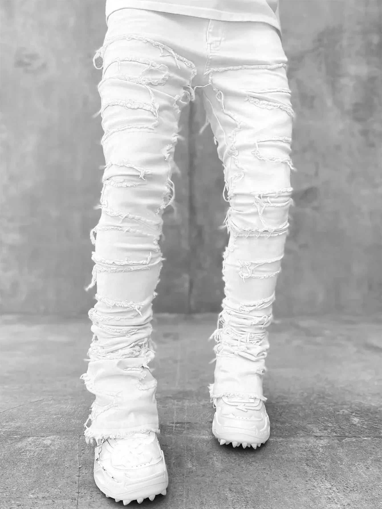 New European and American Heavyweight Streetwise Stretch Patch Jeans for Men, High Street Straight Fit Long Jeans16-3001
