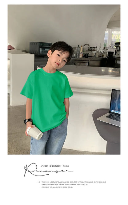 Summer Casual School Kids Cotton Plain Tee Tops Baby and Boys Short-Sleeved T-Shirt Children Outfit Clothing 1-16 Years
