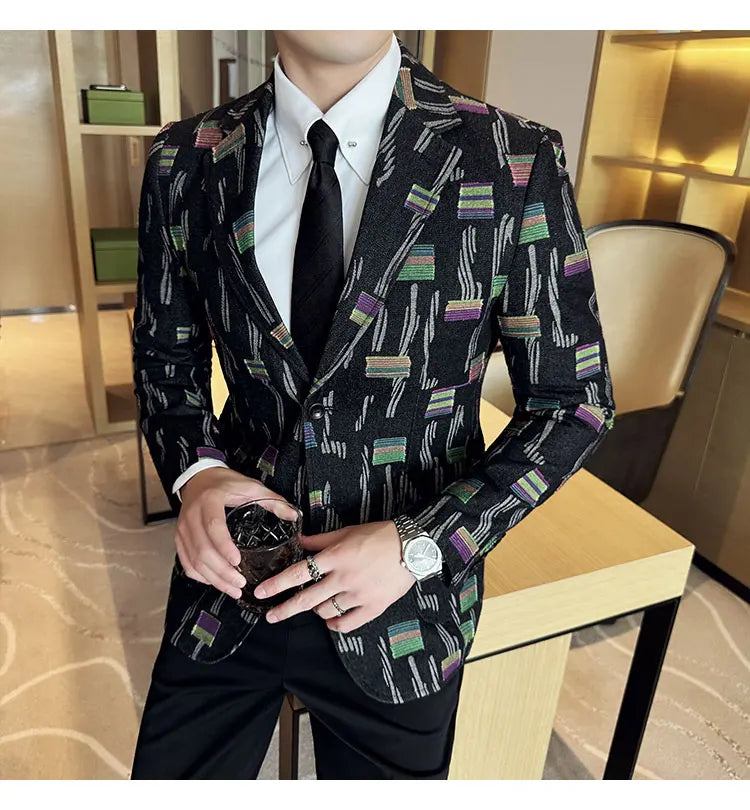 2025 New Luxury Denim Jacquard Suit Coats Men Fashion Slim Fit Suit Casual Business Party Coat Uniform Wedding Social Tailcoat