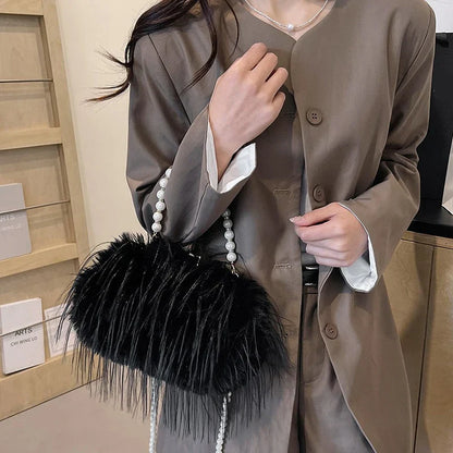 Luxury Faux Fur Evening Bag Pearl Chain Trendy Long Tassel Plush Shoulder Bag Large Capacity Tote Wedding Handbag XA48ZZ