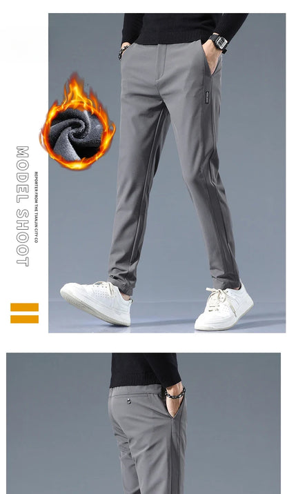Winter Fleece Golf Casual Pants Men Business Slim Stretch Jogger Thick Trousers Korean Classic Elastic Waist Velvet Male Pants