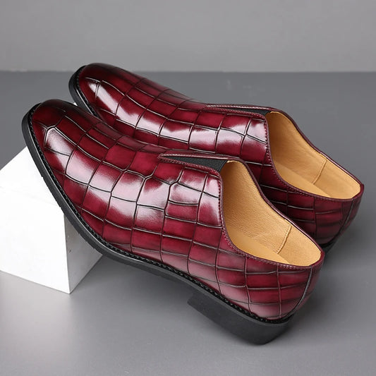 Mens Classic Temperament Brown Crocodile Embossed Leather Loafers Slip On Formal Dress Shoes For Business Office And Casual Wear