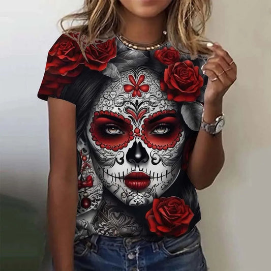 Fashion Women's T-shirt for Girls Summer Short Sleeve Sexy Girls Clothes Day of the Dead Undead Skull Pattern oversized T-shirts
