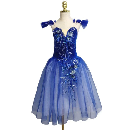 Long Ballet Tutu Skirts Blue 3d Flower Dress Performance Costumes Princess Dance Practice Romantic Dress