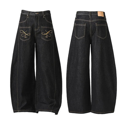 Korean Spring And Autumn Men'S Embroidered Curved Knife Jeans Wide Leg Pants Low Waist Casual Loose Straight Leg Pants