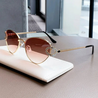 2026 Women Elegant Oval Metal Frame Cat Eye Sunglasses Hollow Rhinestone Wreath Temple UV Protection Gradient Lens Sun Shades