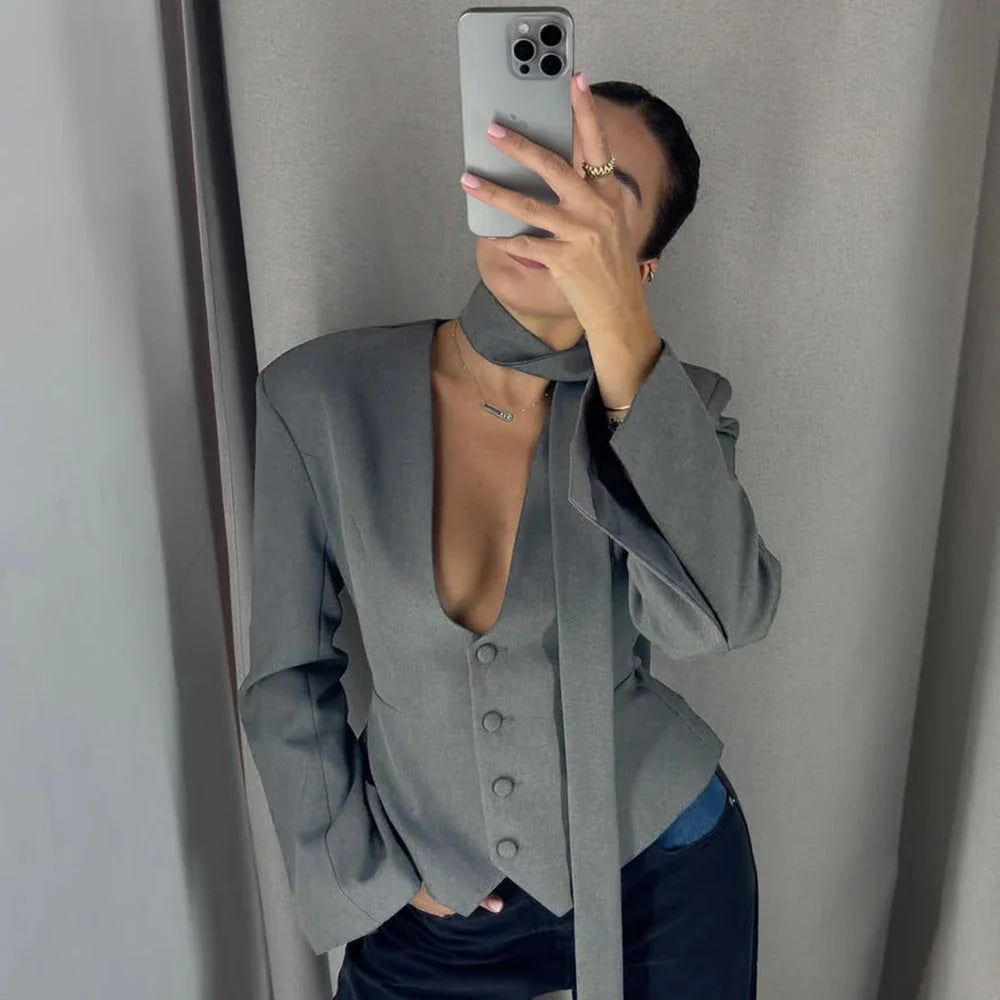 Single Breasted Coat Women's V Neck Scarf With Long Sleeve Waist-Cinching Blazer Jacket Lady Casual Slim Commute Coat