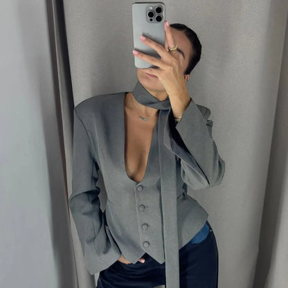 Single Breasted Coat Women's V Neck Scarf With Long Sleeve Waist-Cinching Blazer Jacket Lady Casual Slim Commute Coat