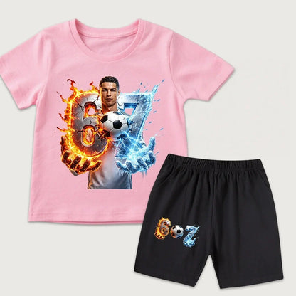 New Arrival CR7 Ronaldo 67 Print Kids Cotton T Shirt Short Sleeve Casual Top Set for Boys Girls