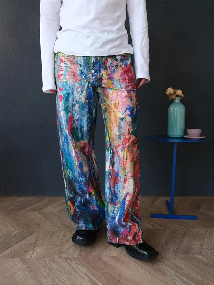 2026 Ropa Y2K Streetwear Graffiti Painting Baggy Jeans Pants For Men Designer Clothes Colorblock Kanye Wide Leg Denim Trousers