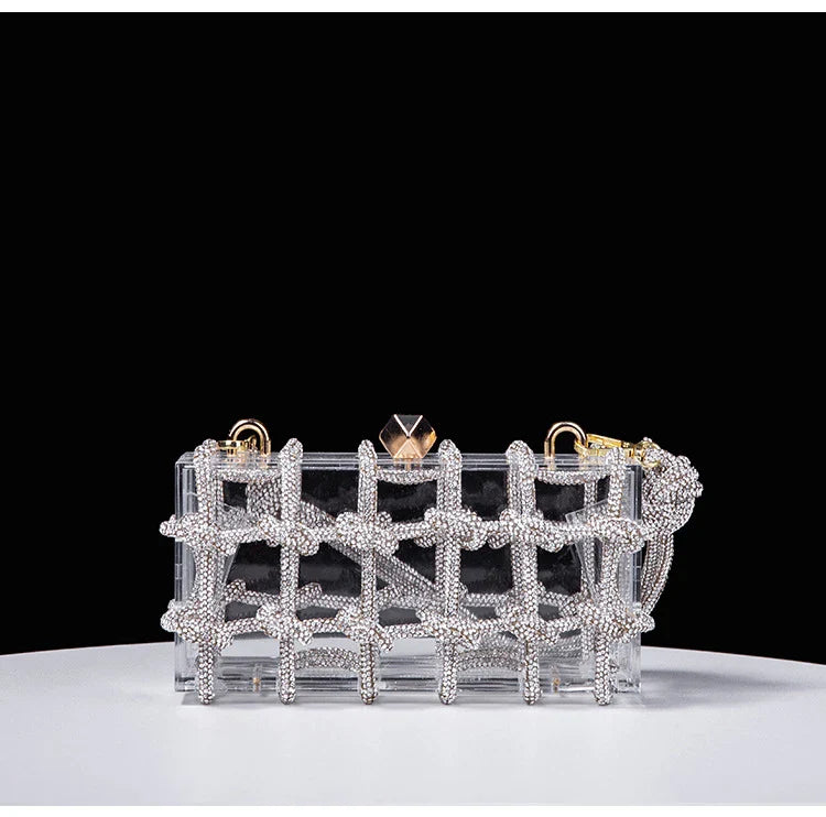 New Diamond Clear Acrylic Box Evening Clutch Bags Women Boutique Woven Knotted Rope Rhinestone Purses And Handbags Wedding Party