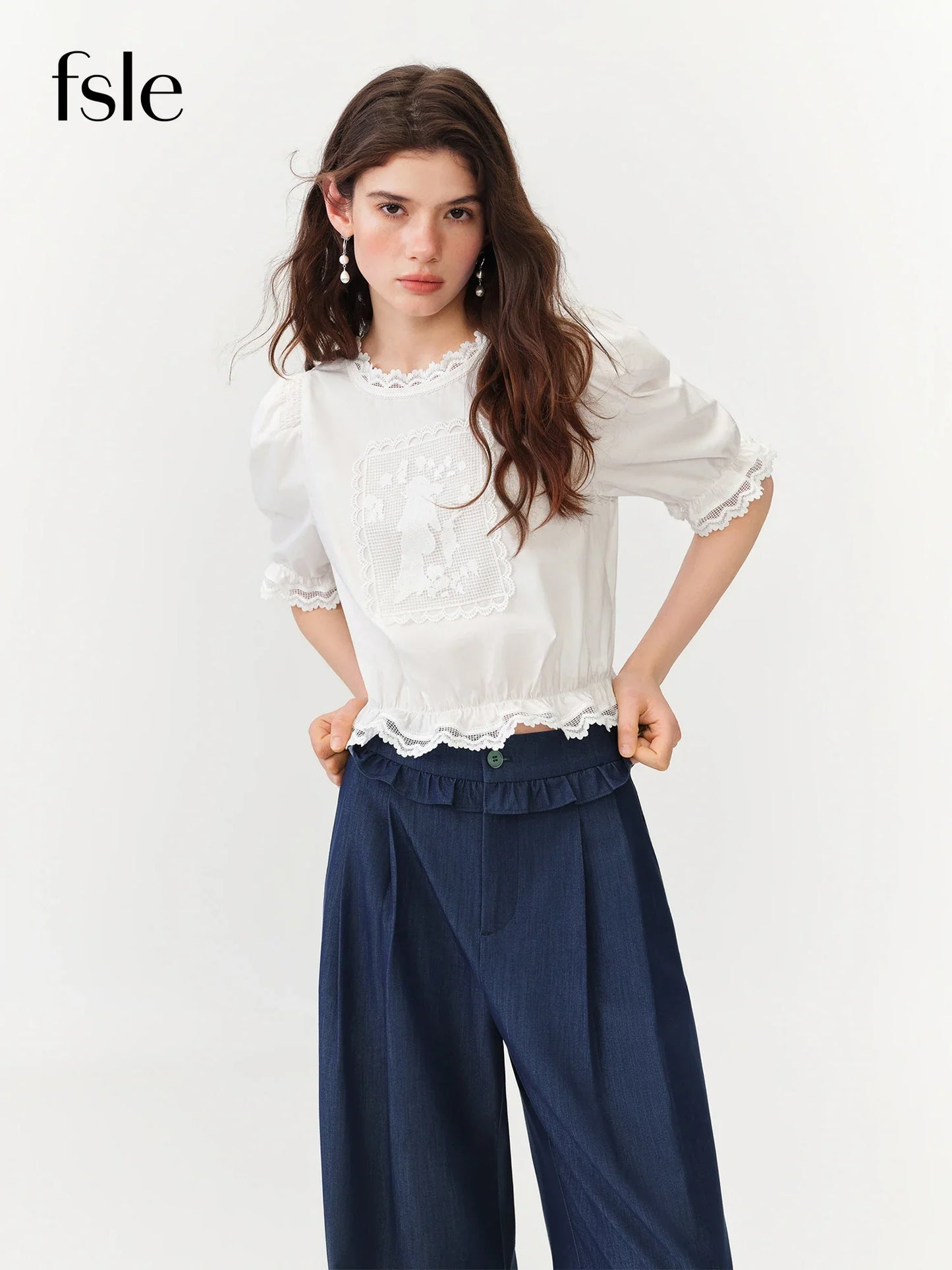 French Retro Puff Short Sleeve Round Neck Blouse for Women Summer Elegant Ins Chic Cropped Tops Cotton White