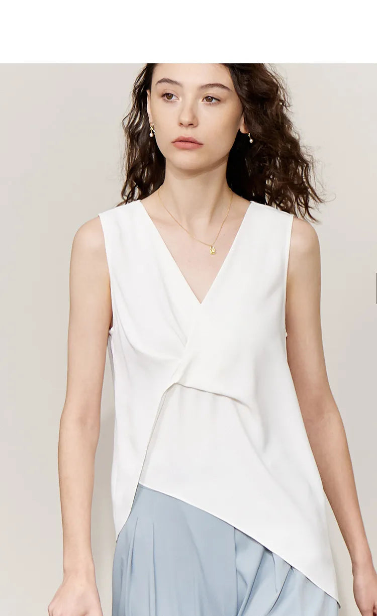 Women's Blouse 2026 Summer New Flowy Chiffon Asymmetric Hem Top Elegant Office Solid Casual V-Neck Shirt For Women 12612025