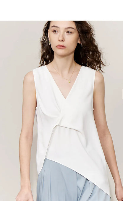 Women's Blouse 2026 Summer New Flowy Chiffon Asymmetric Hem Top Elegant Office Solid Casual V-Neck Shirt For Women 12612025
