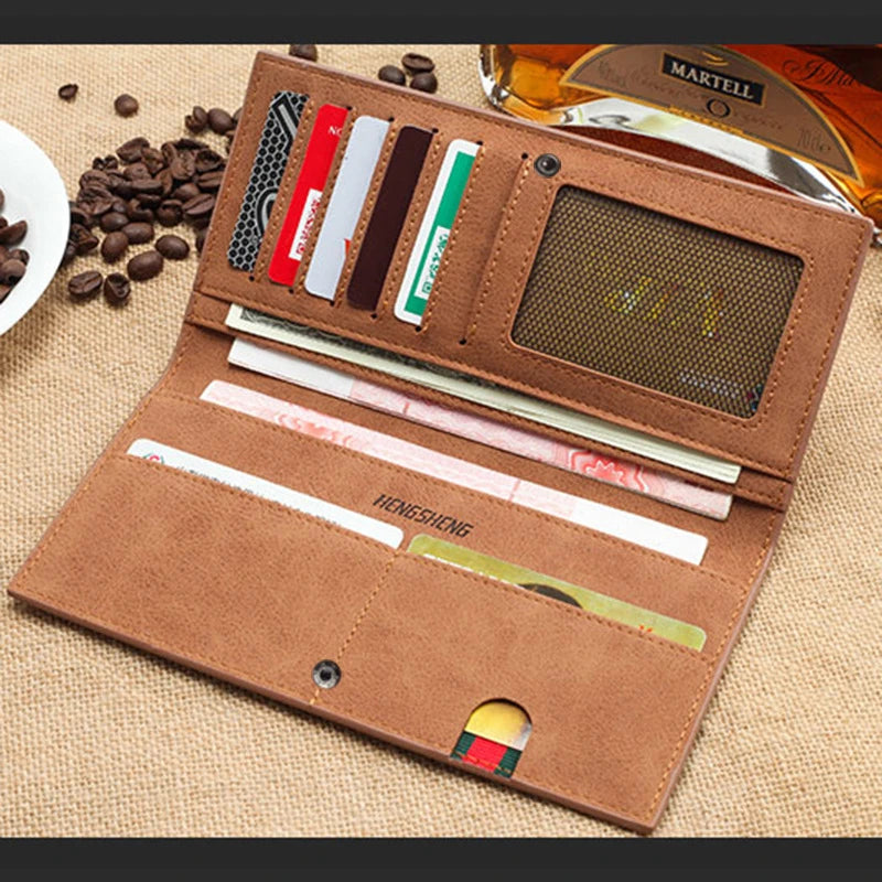 Long Men's Wallet, Thin Vintage Frosted Soft Leather Billfold, Men's Personalized Fashion Student Ticket Holder Moneybag 2025