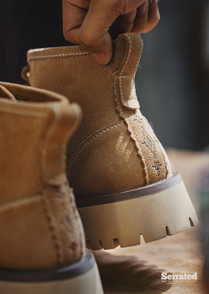 Vintage Men's Cow Suede High-Top Boots Chunky Round Toe Work Desert Boots Lace-Up Ankle Boots for Fall Winter Casual Shoes