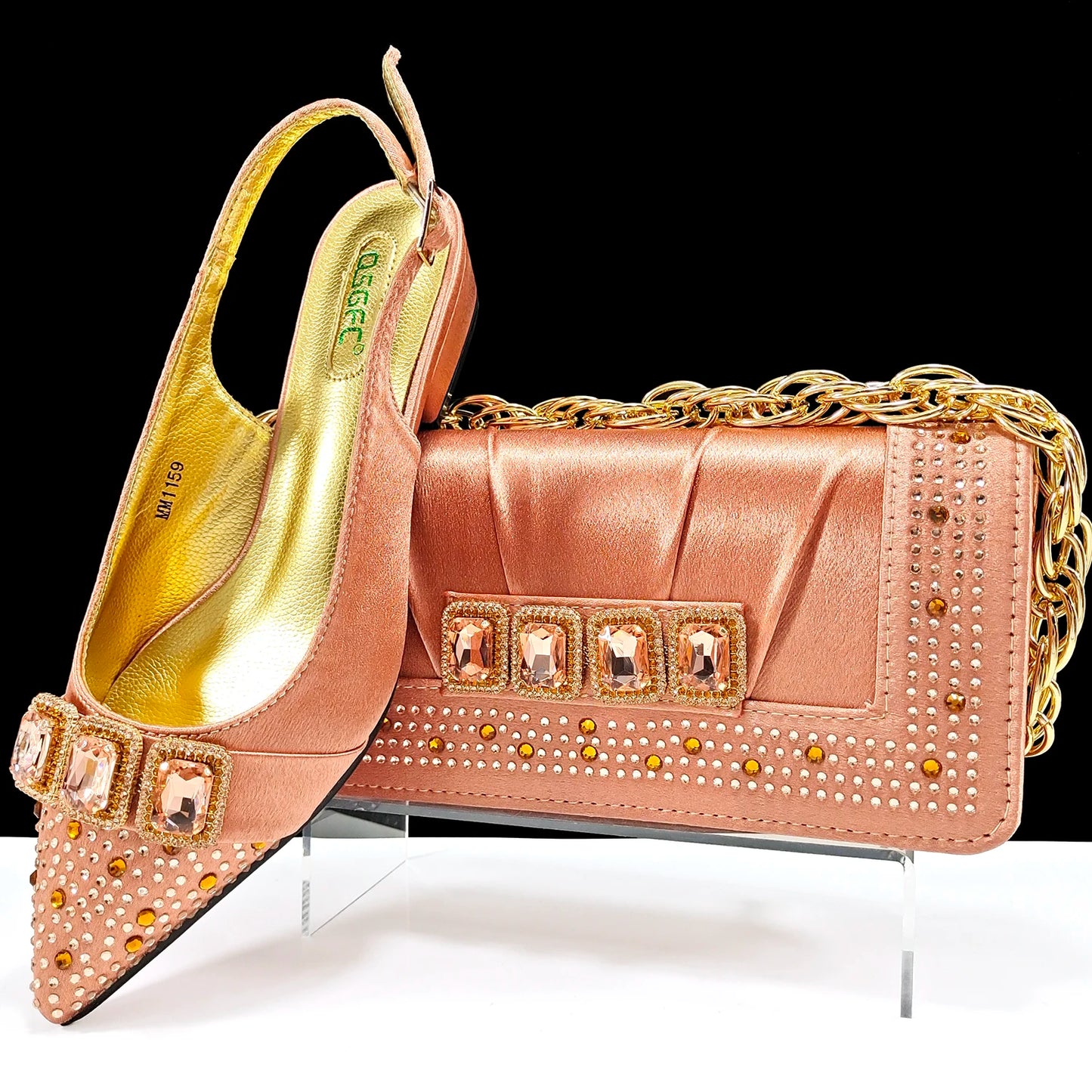 New Italian Olive Pumps and Bag for Party 2024 INS Style Pointed-Toe Rhinestone Elegant Low Heels Wedge for Wome